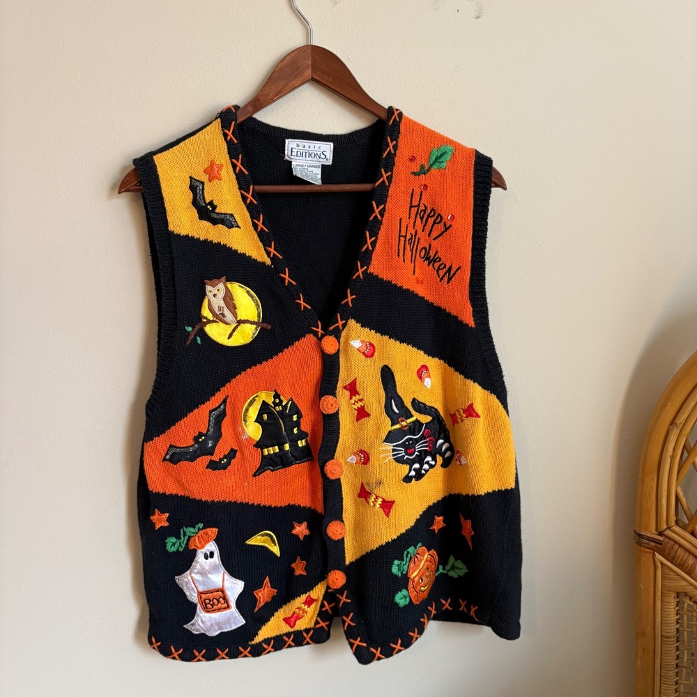 Vintage Basic Editions Holiday Halloween Embroidered Studed Button Sweater Vest